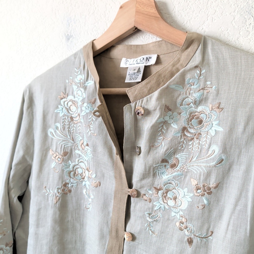 Citron Santa Monica Ramie Embroidered Floral Bird Blouse Sage Gray Medium Coast